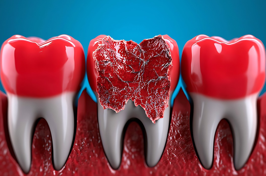 Zerfallener Zahn Ein beschädigter Backenzahn, rotes Zahnfleisch, zentriert vor einem blauen Hintergrund